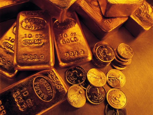 Золотые слитки и монеты